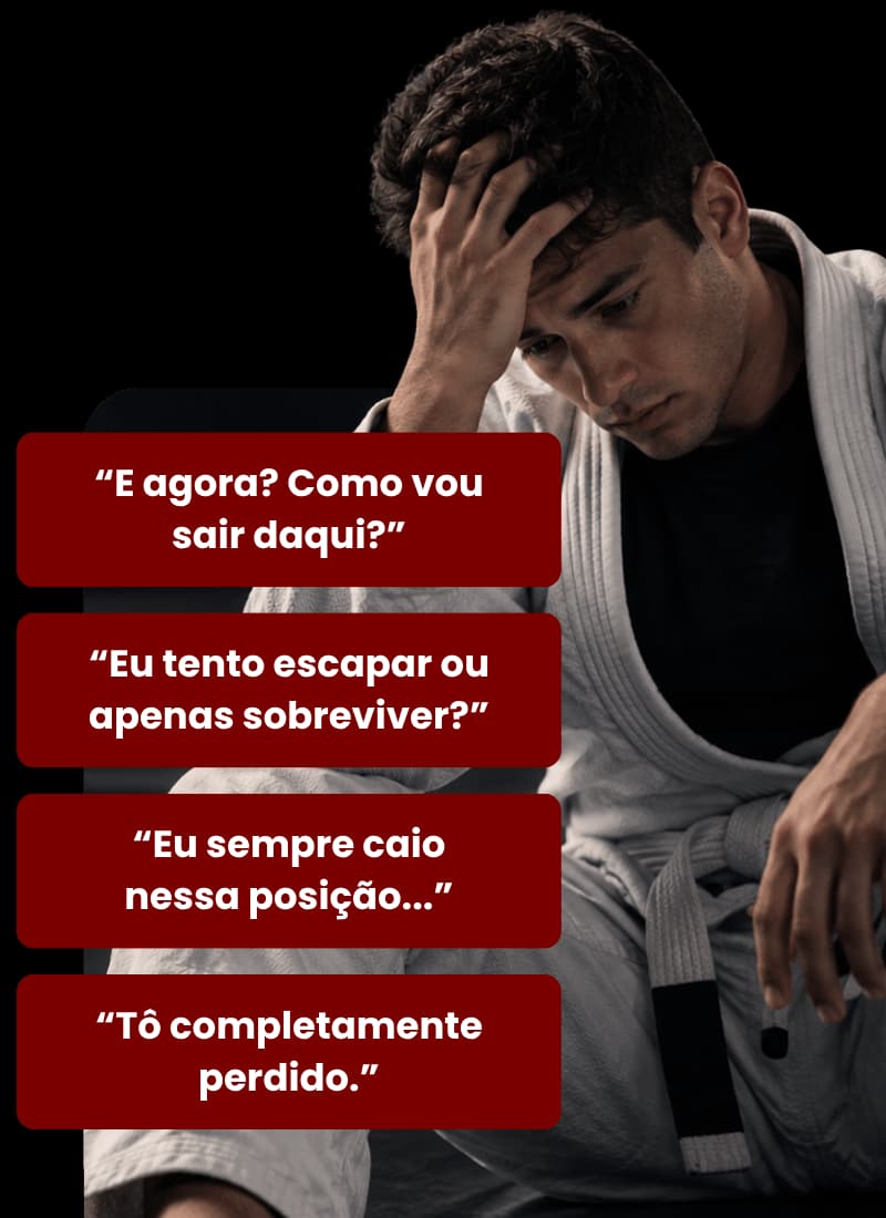Praticante frustrado, ruminando os pensamentos após cair em posição de desvantagem